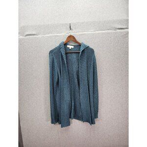 Carolyn Taylor Blue Hooded Open-Front Cardigan Sweater L Acrylic & Polyester